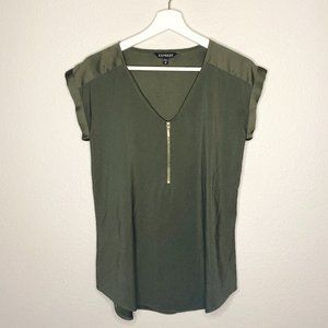 Express Satin V-Neck Blouse, size XS, olive green